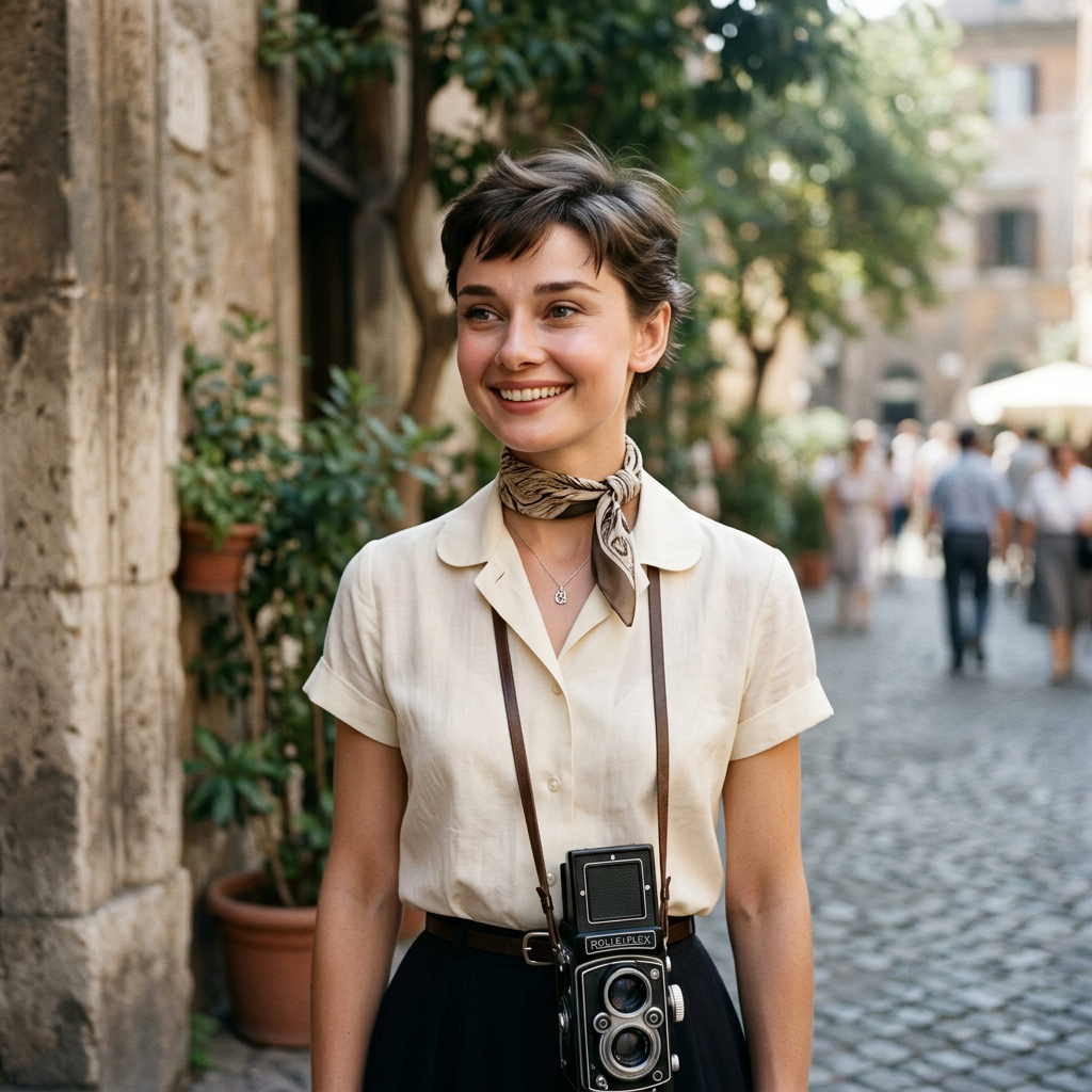 Smiling woman carrying a vintage Rolleiflex camera on a cobblestone street