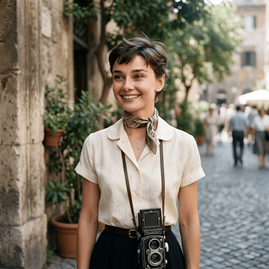 Smiling woman carrying a vintage Rolleiflex camera on a cobblestone street