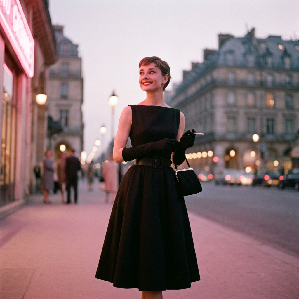 Woman in black dress standing on a Paris street at dusk