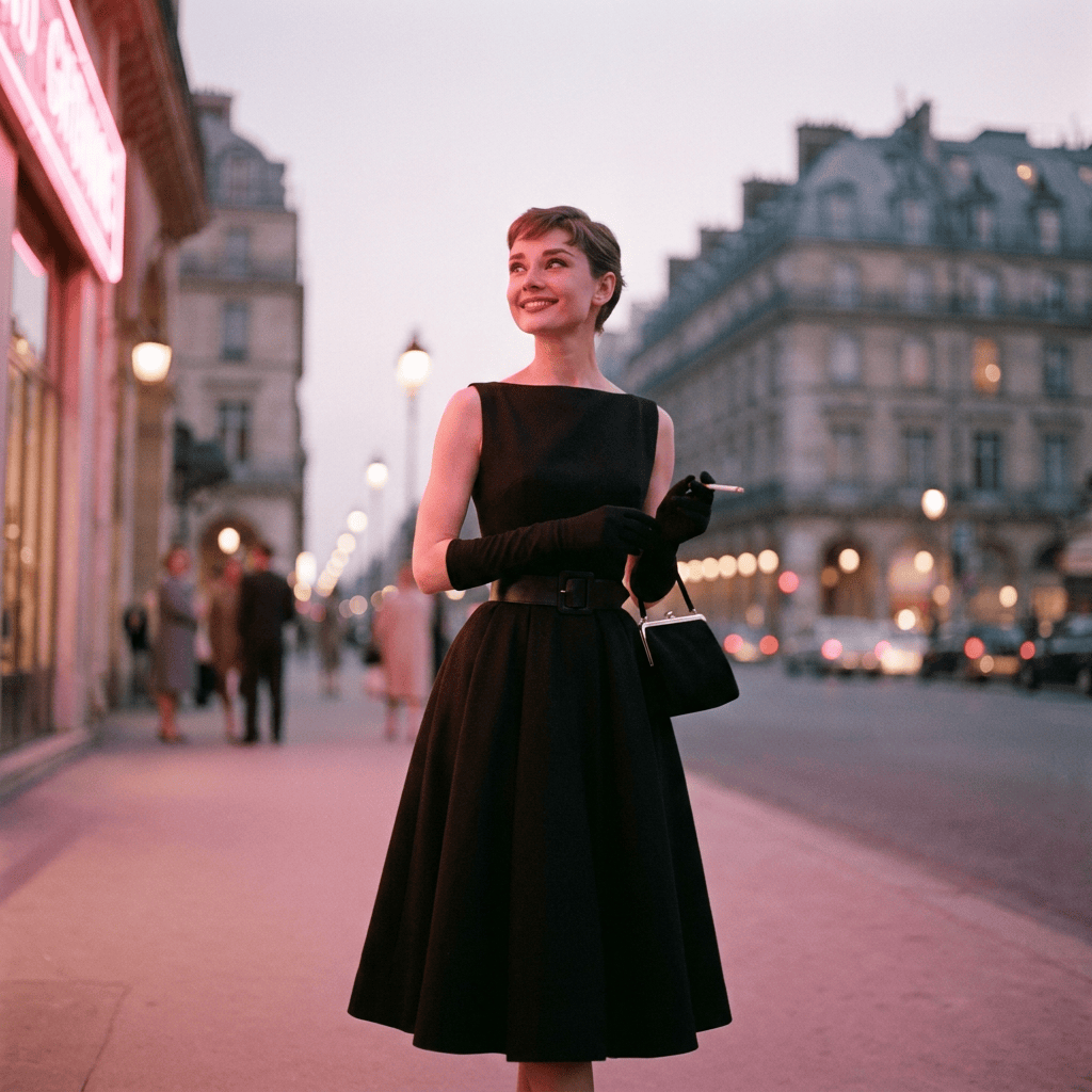 Woman in black dress standing on a Paris street at dusk