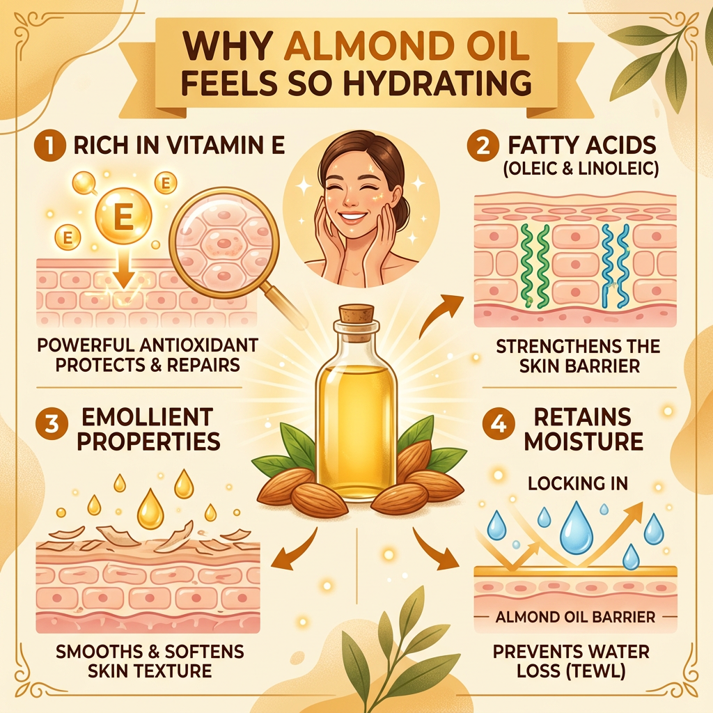 WHY ALMOND OIL FEELS SO HYDRATING; 1 RICH IN VITAMIN E — POWERFUL ANTIOXIDANT PROTECTS & REPAIRS; 2 FATTY ACIDS (OLEIC & LINOLEIC) — STRENGTHENS THE SKIN BARRIER; 3 EMOLLIENT PROPERTIES — SMOOTHS & SOFTENS SKIN TEXTURE; 4 RETAINS MOISTURE — LOCKING IN; ALMOND OIL BARRIER — PREVENTS WATER LOSS (TEWL).