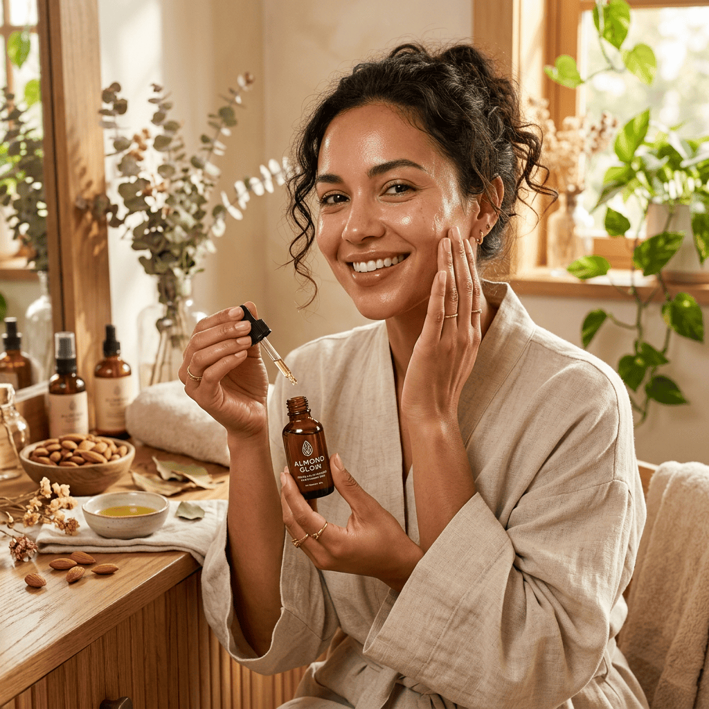 Smiling woman holding an Almond Glow facial oil dropper