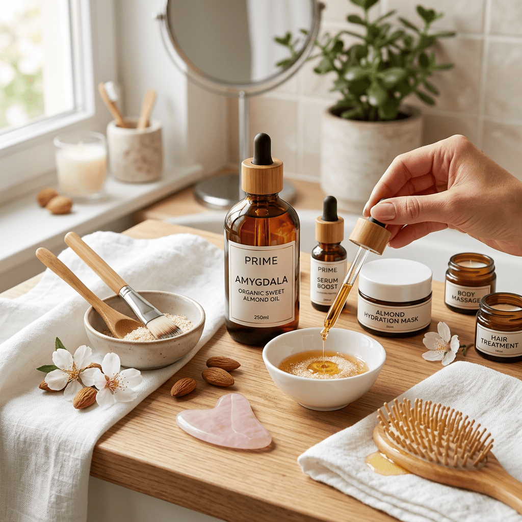 PRIME Amygdala Organic Sweet Almond Oil, Serum Boost, Almond Hydration Mask, Body Massage, and Hair Treatment products with oil being applied