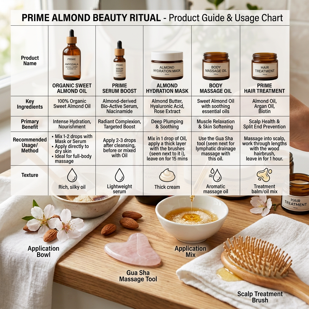 PRIME Amygdala Organic Sweet Almond Oil, Serum Boost, Almond Hydration Mask, Body Massage, and Hair Treatment products with oil being applied