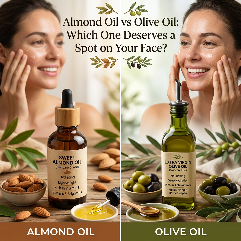Almond Oil vs Olive Oil: Which One Deserves a Spot on Your Face? Left: SWEET ALMOND OIL (Skincare Grade), Hydrating, Lightweight, Rich in Vitamin E, Softens & Brightens, ALMOND OIL. Right: EXTRA VIRGIN OLIVE OIL (Skincare Use), Nourishing, Deep Hydration, Rich in Antioxidants, Moisturizing & Barrier Repair, OLIVE OIL.