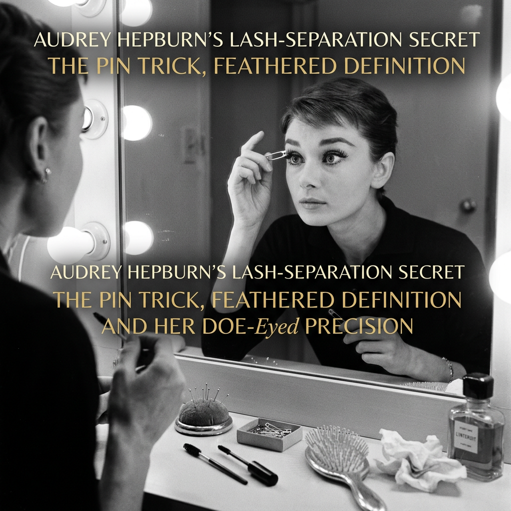 Text reads “AUDREY HEPBURN’S LASH-SEPARATION SECRET THE PIN TRICK, FEATHERED DEFINITION” and “AUDREY HEPBURN’S LASH-SEPARATION SECRET THE PIN TRICK, FEATHERED DEFINITION AND HER DOE-Eyed PRECISION” over a woman applying mascara at a vanity.