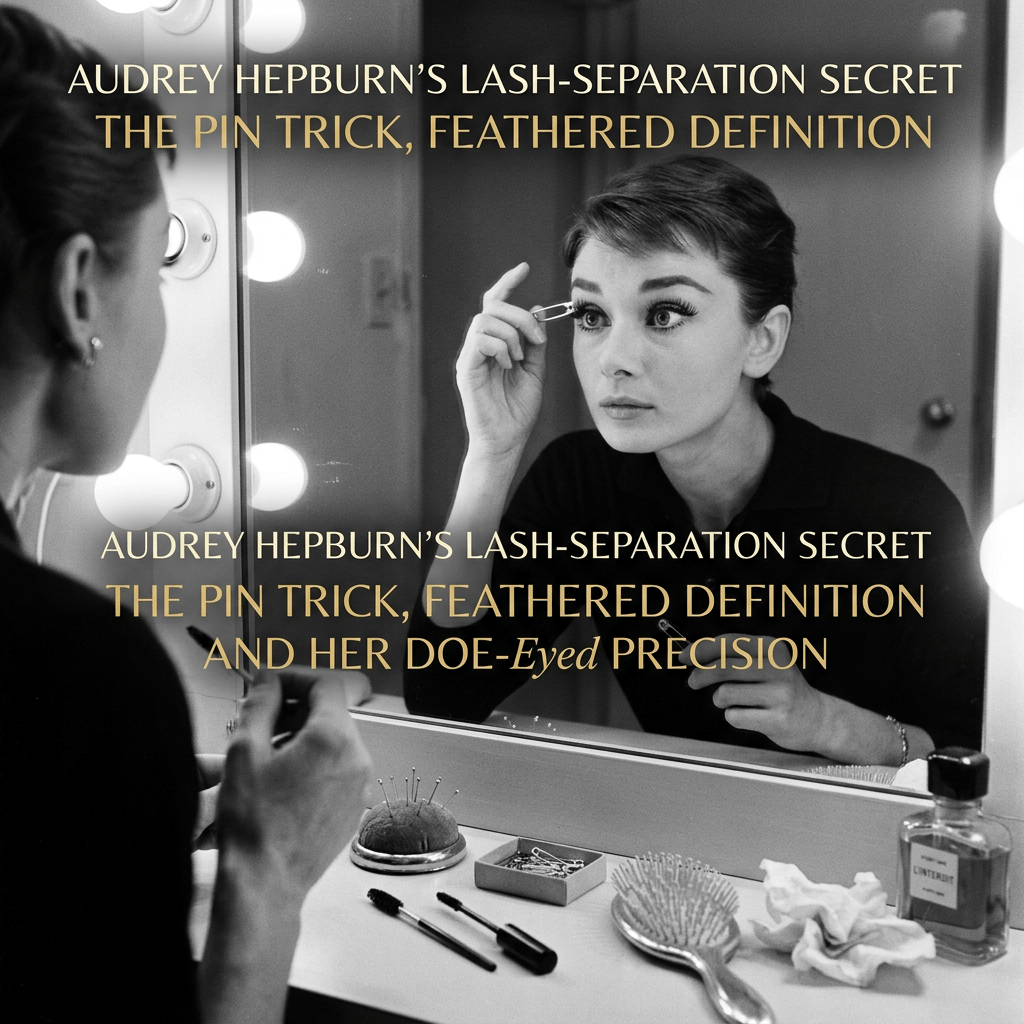 Text reads “AUDREY HEPBURN’S LASH-SEPARATION SECRET THE PIN TRICK, FEATHERED DEFINITION” and “AUDREY HEPBURN’S LASH-SEPARATION SECRET THE PIN TRICK, FEATHERED DEFINITION AND HER DOE-Eyed PRECISION” over a woman applying mascara at a vanity.