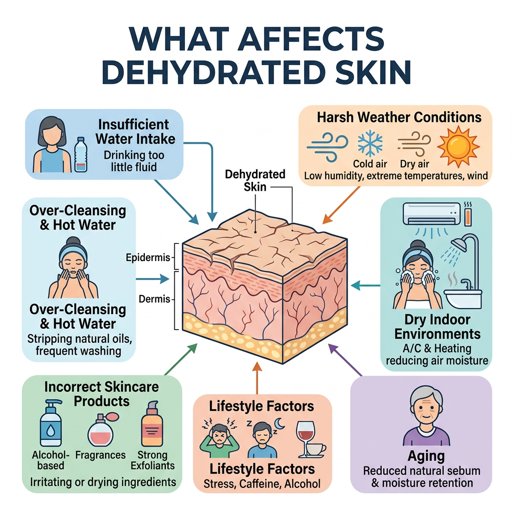 Infographic showing factors that affect dehydrated skin