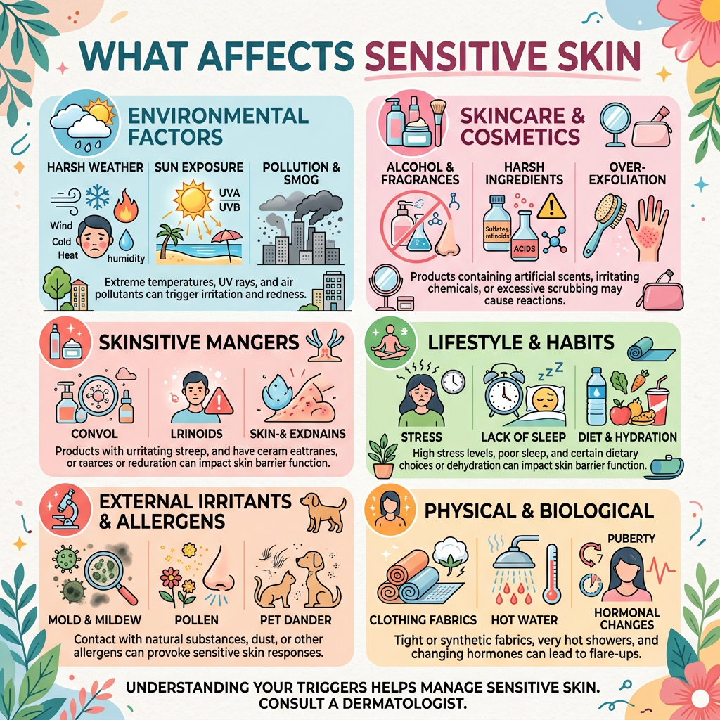 Infographic explaining environmental, skincare, lifestyle, allergen, and physical triggers of sensitive skin