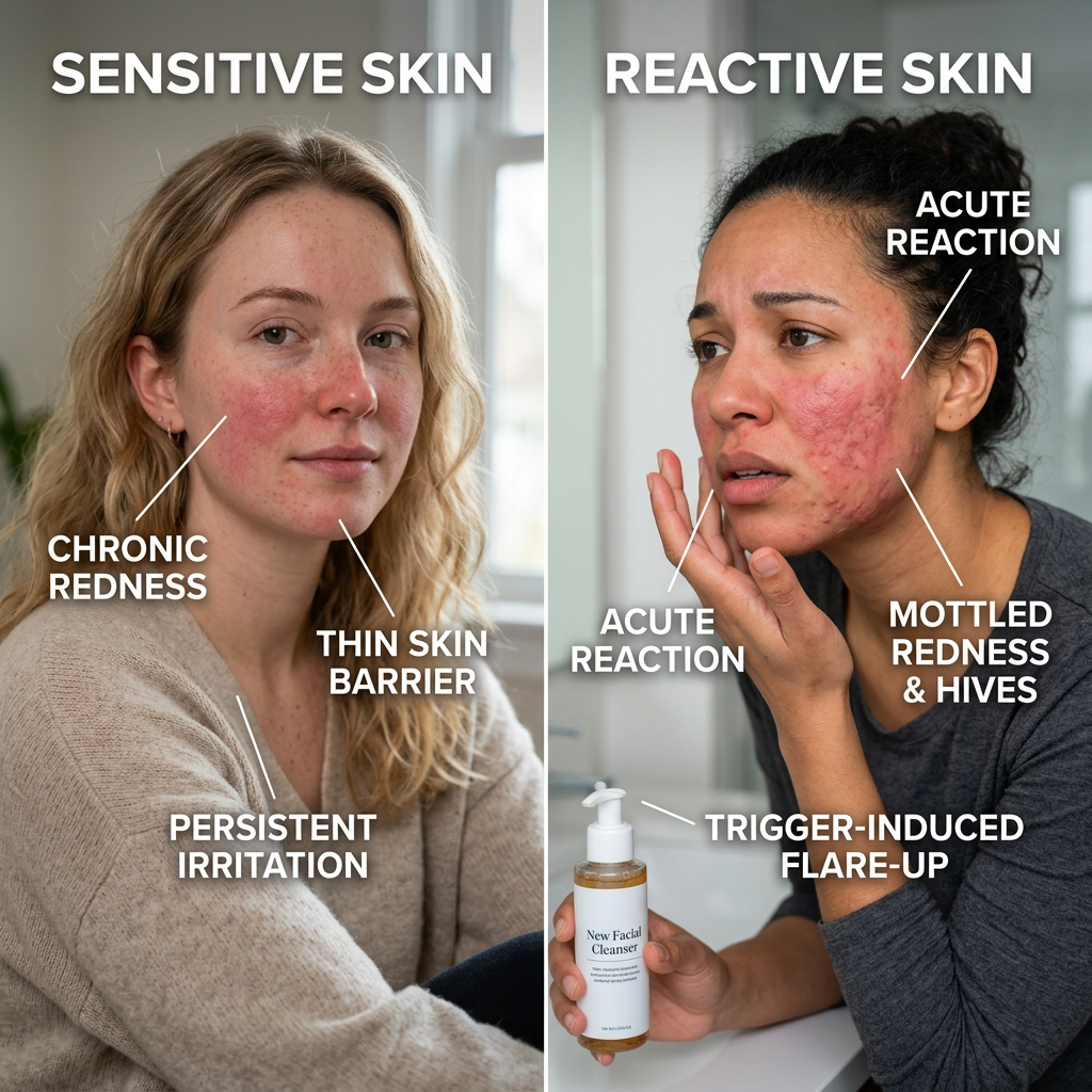 Comparison of sensitive and reactive skin with labeled redness, irritation, hives, and flare-up symptoms