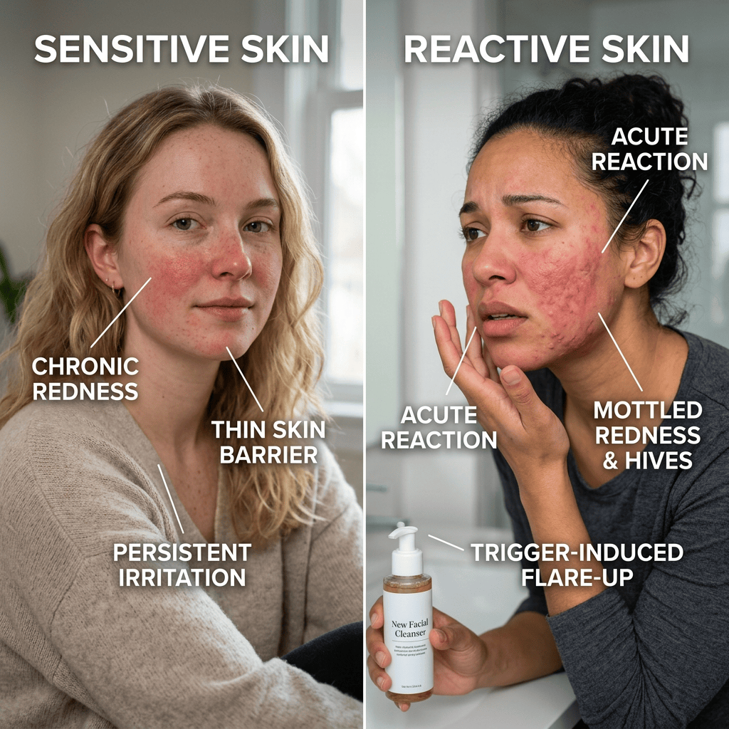 Comparison of sensitive and reactive skin with labeled redness, irritation, hives, and flare-up symptoms