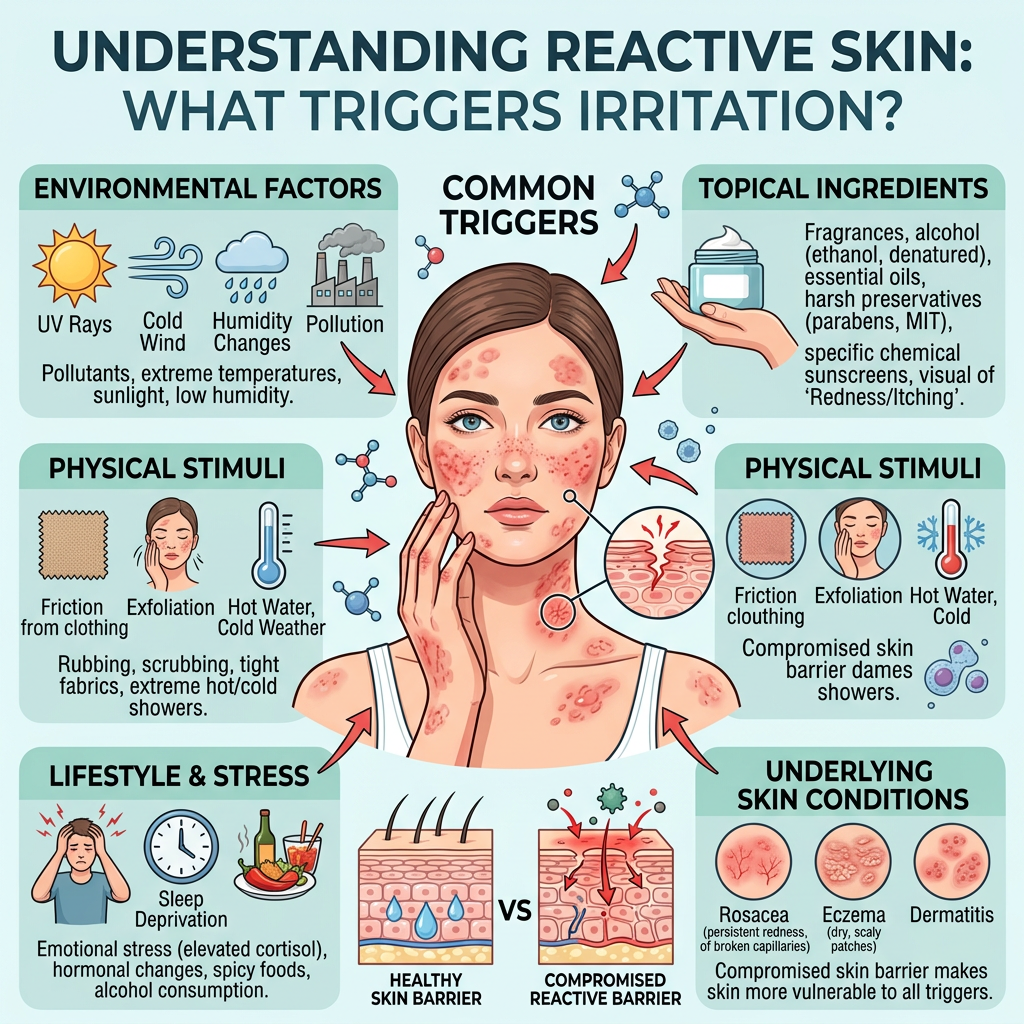 Infographic showing common triggers of reactive skin irritation and compromised barriers