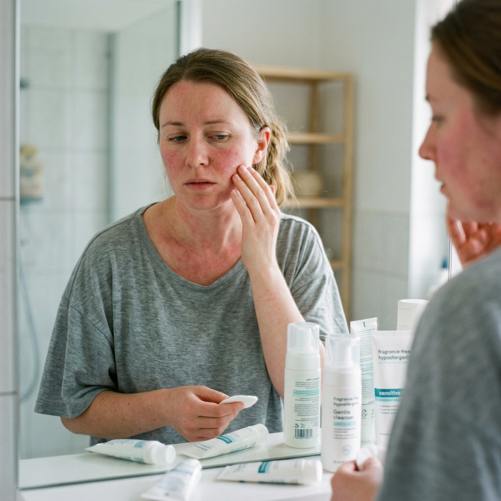 Woman examining irritated facial skin beside gentle skincare products