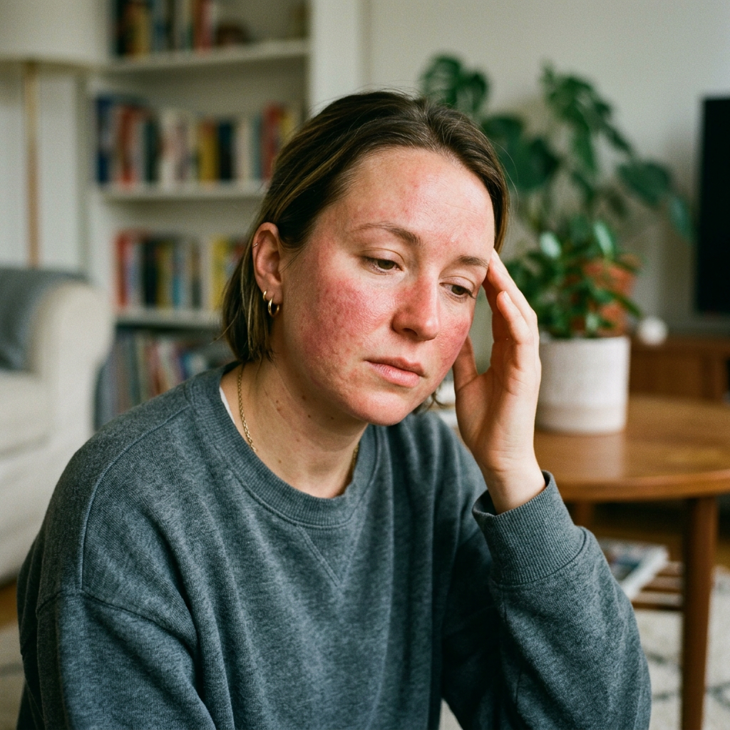 Woman touching her cheek with visible facial redness and irritation