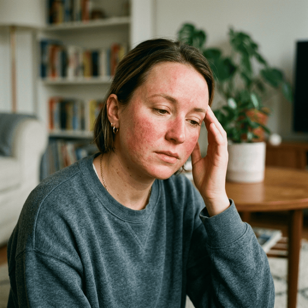 Woman touching her cheek with visible facial redness and irritation