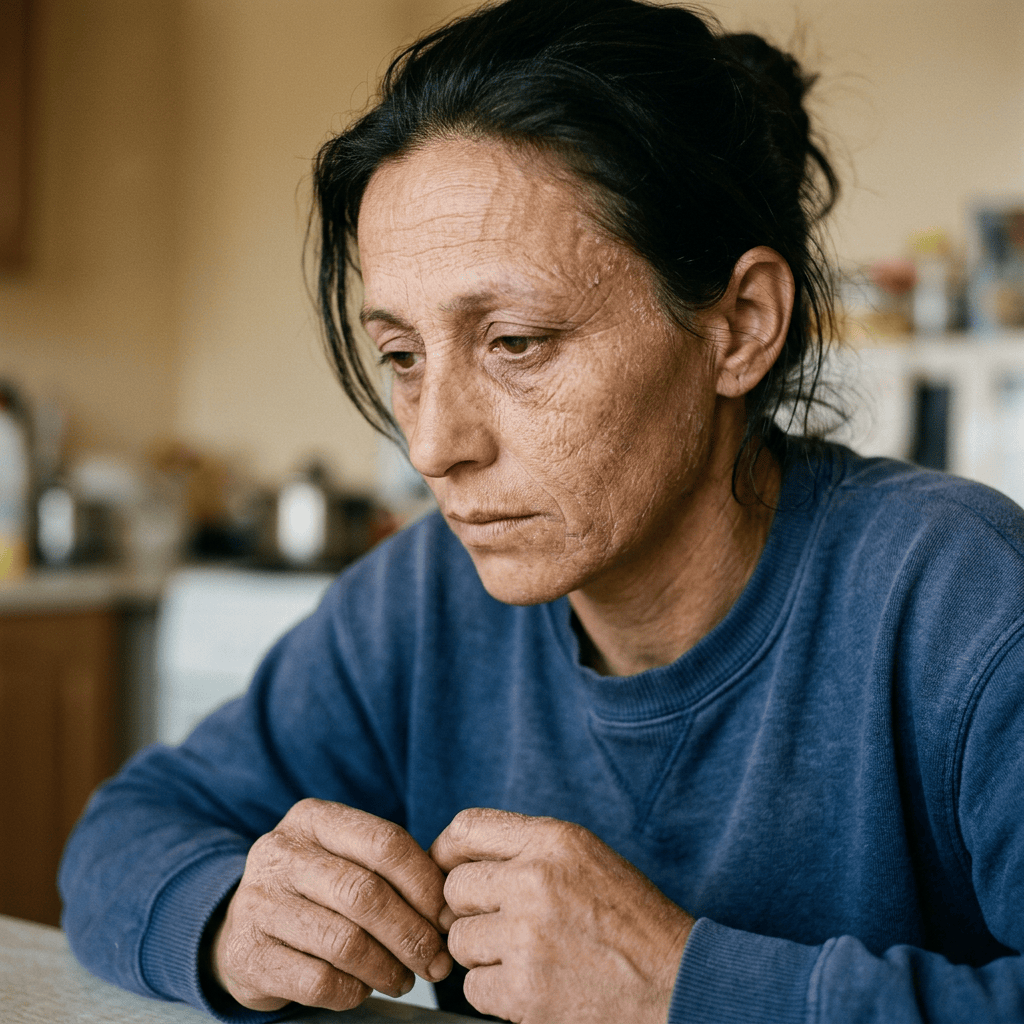 Woman in blue sweatshirt sitting thoughtfully with clasped hands