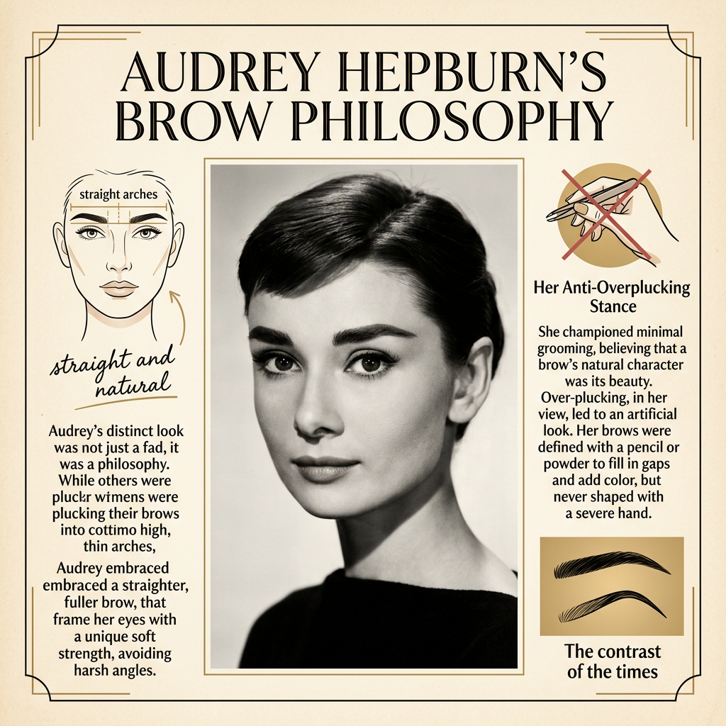 Audrey Hepburn’s Brow Philosophy; straight arches, straight and natural; anti-overplucking stance; text about her fuller brows and minimal grooming.