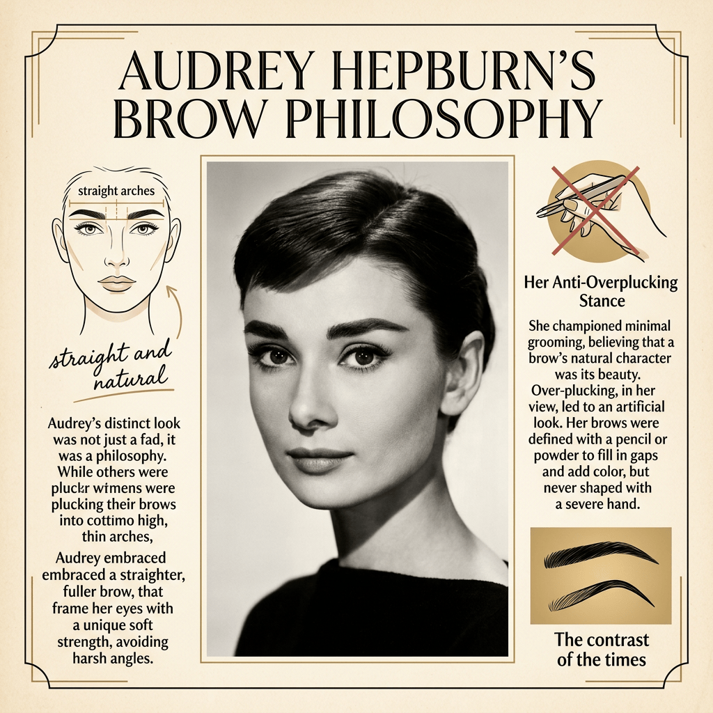 Audrey Hepburn’s Brow Philosophy; straight arches, straight and natural; anti-overplucking stance; text about her fuller brows and minimal grooming.