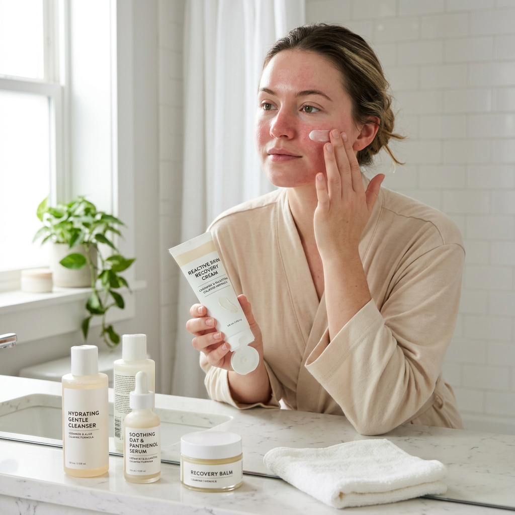 Woman applying recovery cream beside cleanser, serum, balm, and towel