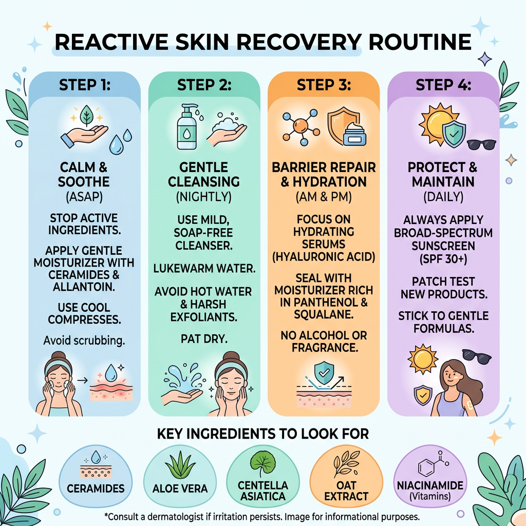Infographic titled "Reactive Skin Recovery Routine" with four steps: calm and soothe ASAP; gentle nightly cleansing; barrier repair and hydration AM and PM; protect and maintain daily. It recommends ceramides, aloe vera, centella asiatica, oat extract, and niacinamide, and advises consulting a dermatologist if irritation persists.