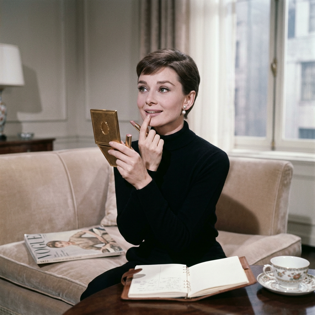 Woman applying lipstick while looking into a compact beside an open notebook