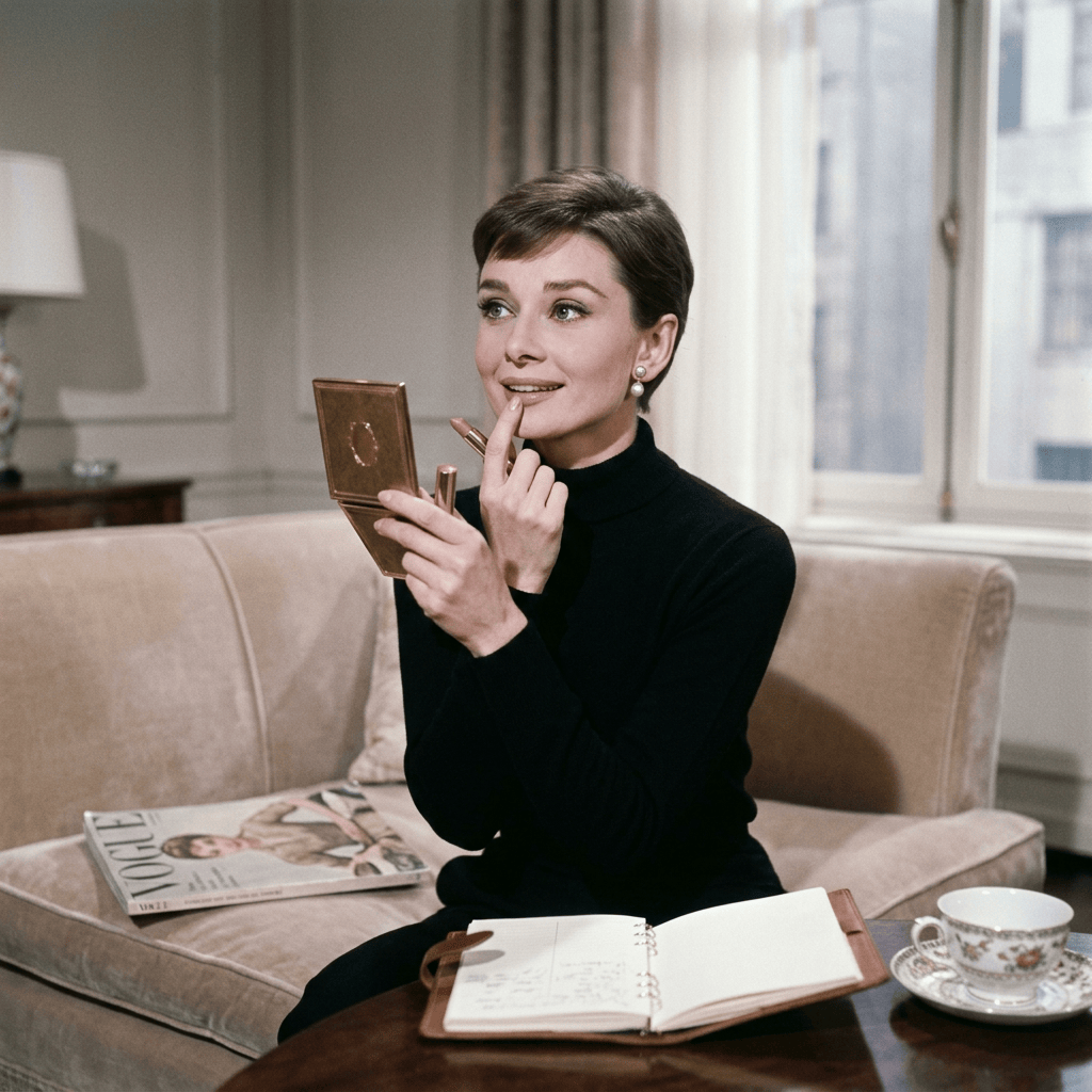 Woman applying lipstick while looking into a compact beside an open notebook