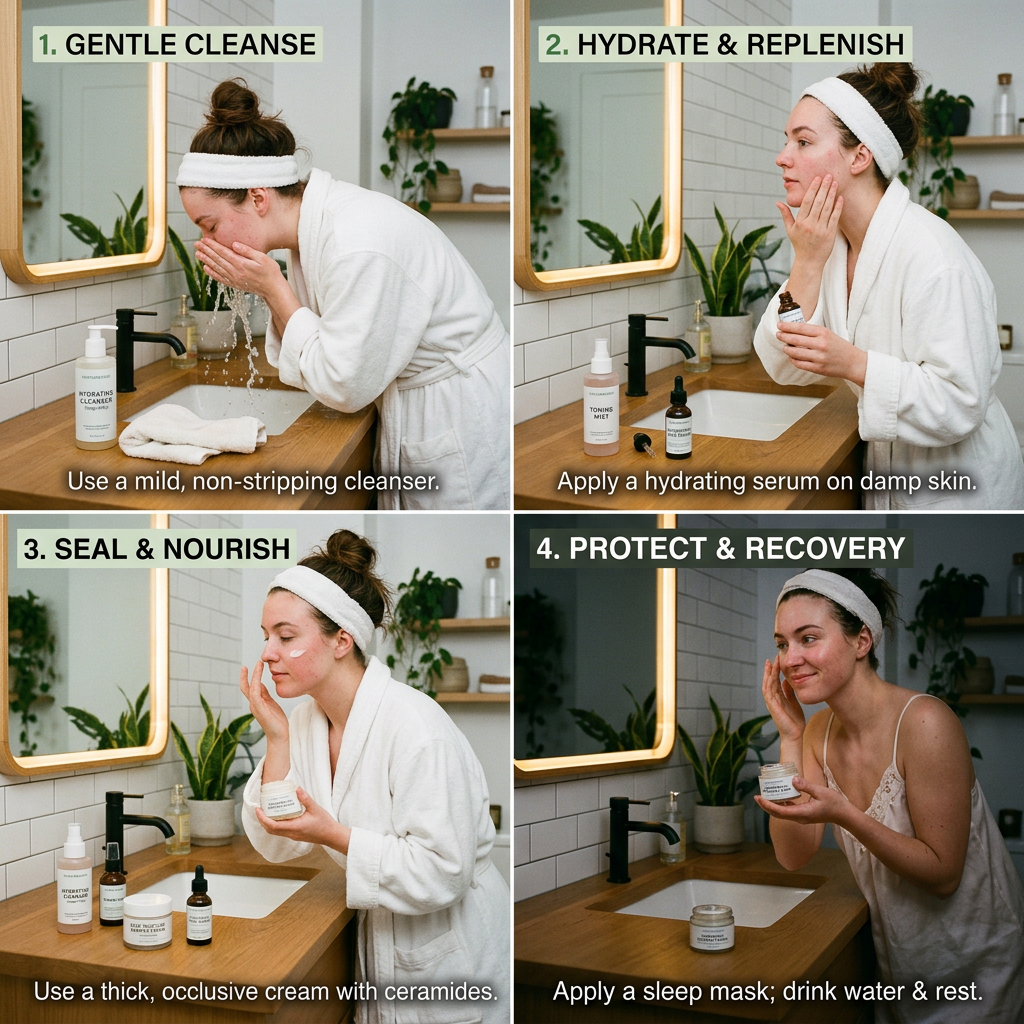1. GENTLE CLEANSE: Use a mild, non-stripping cleanser. 2. HYDRATE & REPLENISH: Apply a hydrating serum on damp skin. 3. SEAL & NOURISH: Use a thick, occlusive cream with ceramides. 4. PROTECT & RECOVERY: Apply a sleep mask; drink water & rest.
