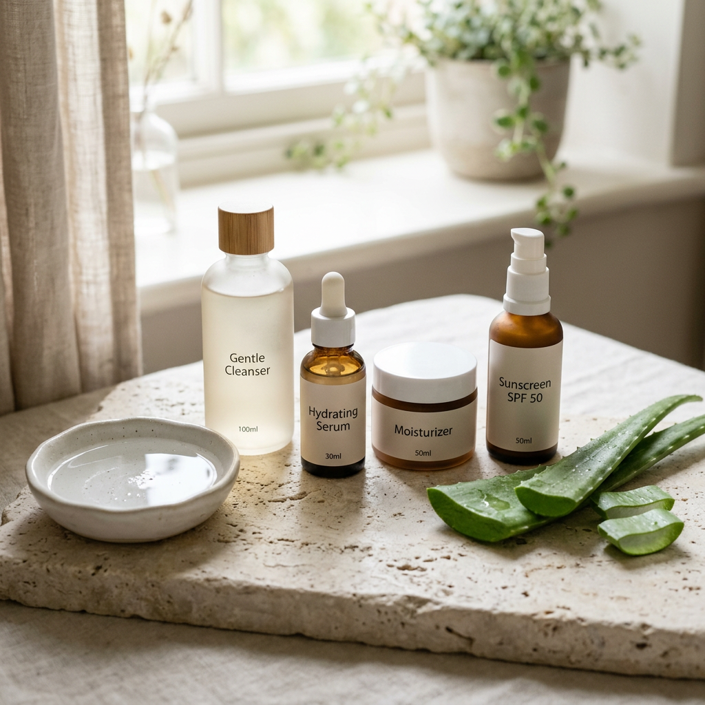 Skincare products labeled Gentle Cleanser, Hydrating Serum, Moisturizer, and Sunscreen SPF 50 beside aloe vera