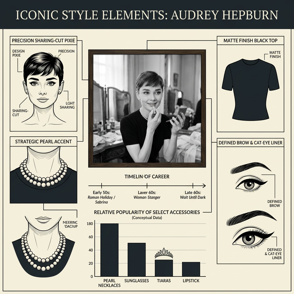 Infographic titled “ICONIC STYLE ELEMENTS: AUDREY HEPBURN” featuring a portrait, pixie cut, pearl necklace, black top, cat-eye liner, career timeline, and accessory popularity chart.