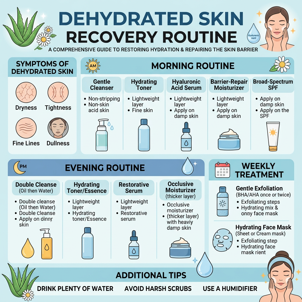 Infographic outlining routines and tips for treating dehydrated skin