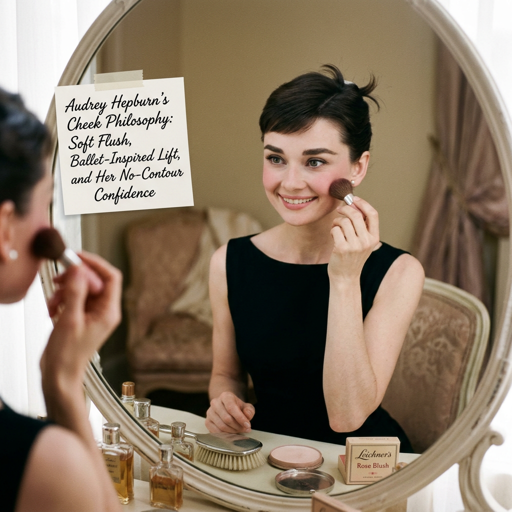 Woman applying blush before mirror beside text reading “Audrey Hepburn’s Cheek Philosophy: Soft Flush, Ballet-Inspired Lift, and Her No-Contour Confidence.”