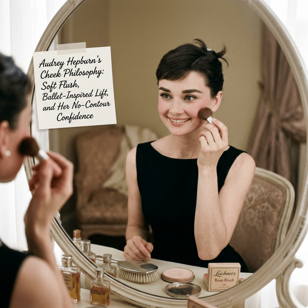 Woman applying blush before mirror beside text reading “Audrey Hepburn’s Cheek Philosophy: Soft Flush, Ballet-Inspired Lift, and Her No-Contour Confidence.”