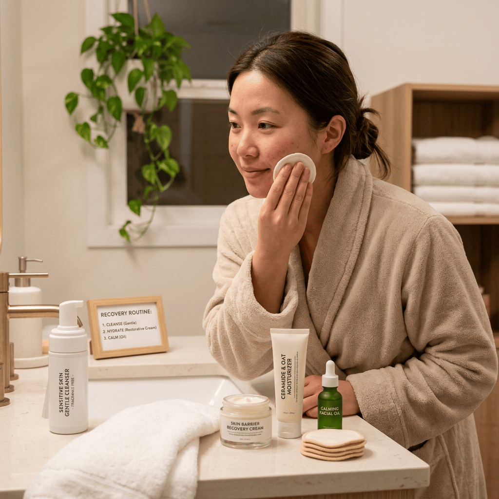 Woman applying skincare beside products labeled Recovery Routine, Gentle Cleanser, Moisturizer, Recovery Cream, and Calming Facial Oil.