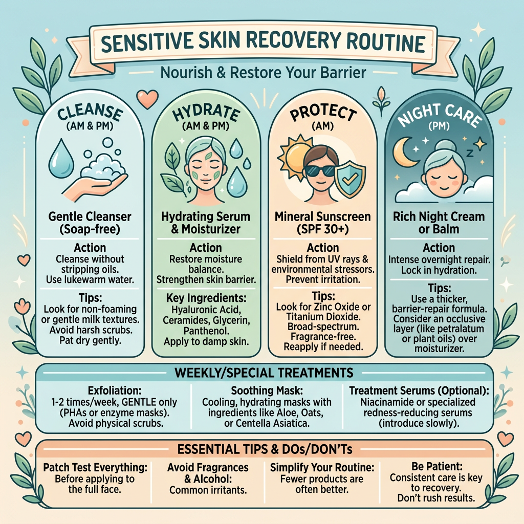 Sensitive skin recovery routine infographic with cleansing, hydration, protection, and night care steps
