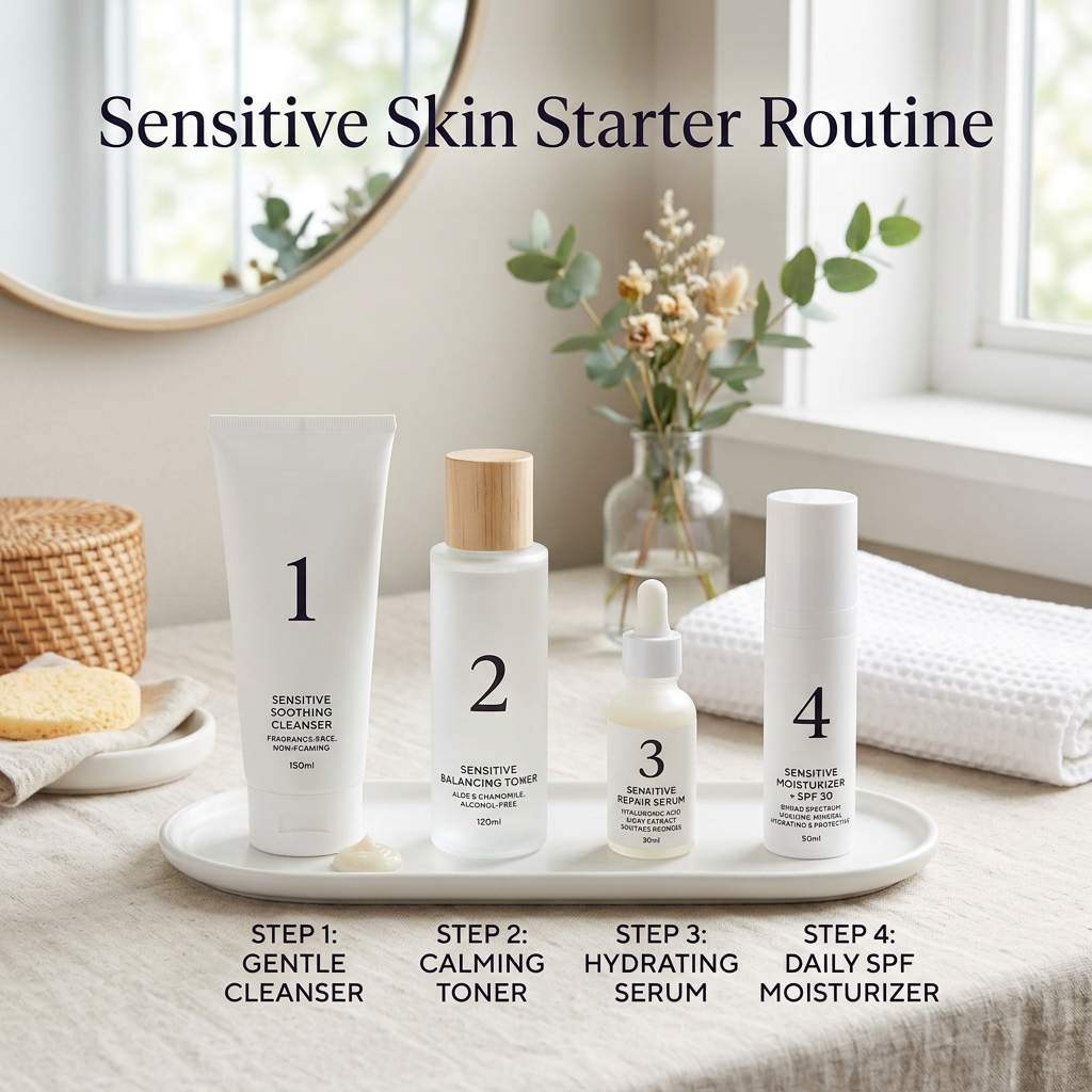 Sensitive Skin Starter Routine with four numbered products and step labels
