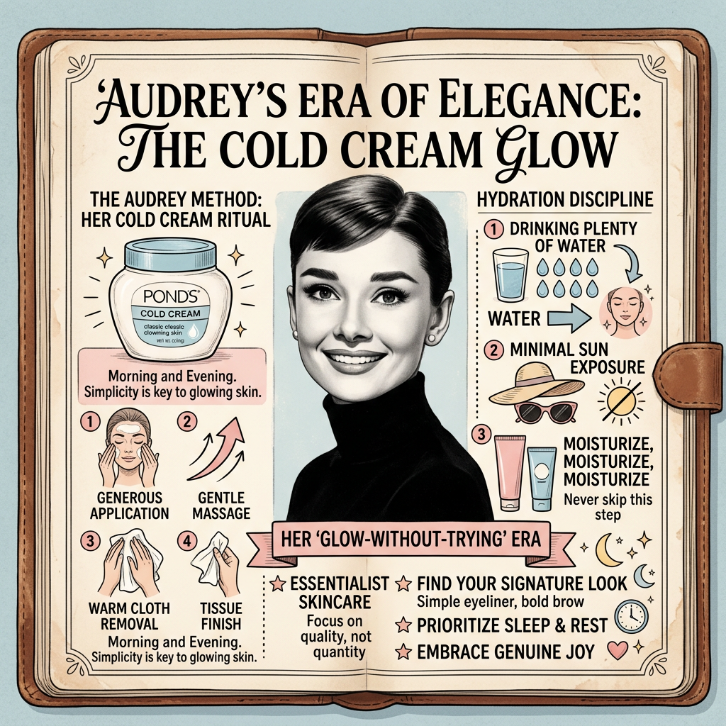 Infographic titled “AUDREY’S ERA OF ELEGANCE: THE COLD CREAM GLOW.” It presents “THE AUDREY METHOD: HER COLD CREAM RITUAL” using Pond’s Cold Cream, morning and evening, with generous application, gentle massage, warm cloth removal, and tissue finish. “HYDRATION DISCIPLINE” recommends drinking plenty of water, minimal sun exposure, and moisturizing three times. A portrait of Audrey appears above “HER ‘GLOW-WITHOUT-TRYING’ ERA,” followed by “ESSENTIALIST SKINCARE,” “FIND YOUR SIGNATURE LOOK,” “PRIORITIZE SLEEP & REST,” and “EMBRACE GENUINE JOY.”