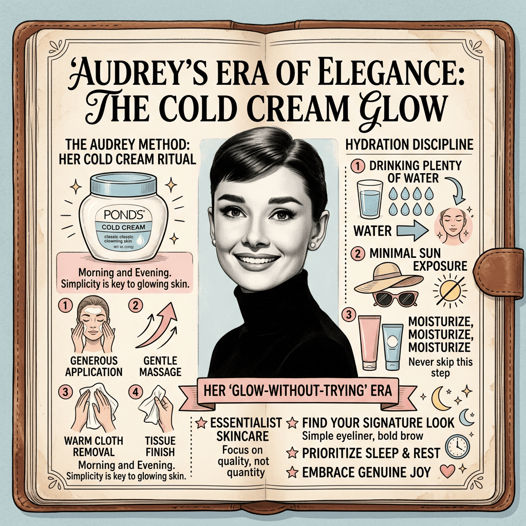Infographic titled “AUDREY’S ERA OF ELEGANCE: THE COLD CREAM GLOW.” It presents “THE AUDREY METHOD: HER COLD CREAM RITUAL” using Pond’s Cold Cream, morning and evening, with generous application, gentle massage, warm cloth removal, and tissue finish. “HYDRATION DISCIPLINE” recommends drinking plenty of water, minimal sun exposure, and moisturizing three times. A portrait of Audrey appears above “HER ‘GLOW-WITHOUT-TRYING’ ERA,” followed by “ESSENTIALIST SKINCARE,” “FIND YOUR SIGNATURE LOOK,” “PRIORITIZE SLEEP & REST,” and “EMBRACE GENUINE JOY.”