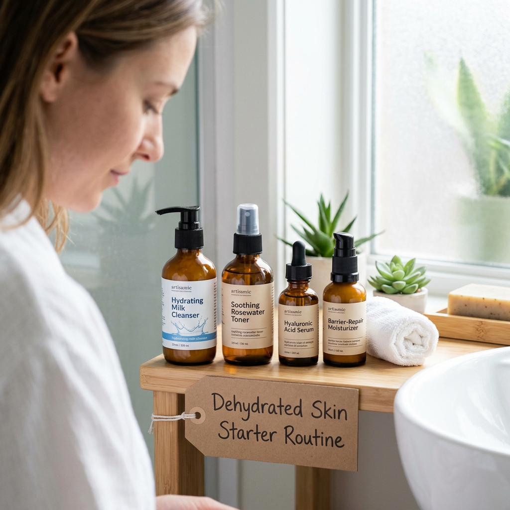 Dehydrated Skin Starter Routine with Hydrating Milk Cleanser, Soothing Rosewater Toner, Hyaluronic Acid Serum, and Barrier-Repair Moisturizer