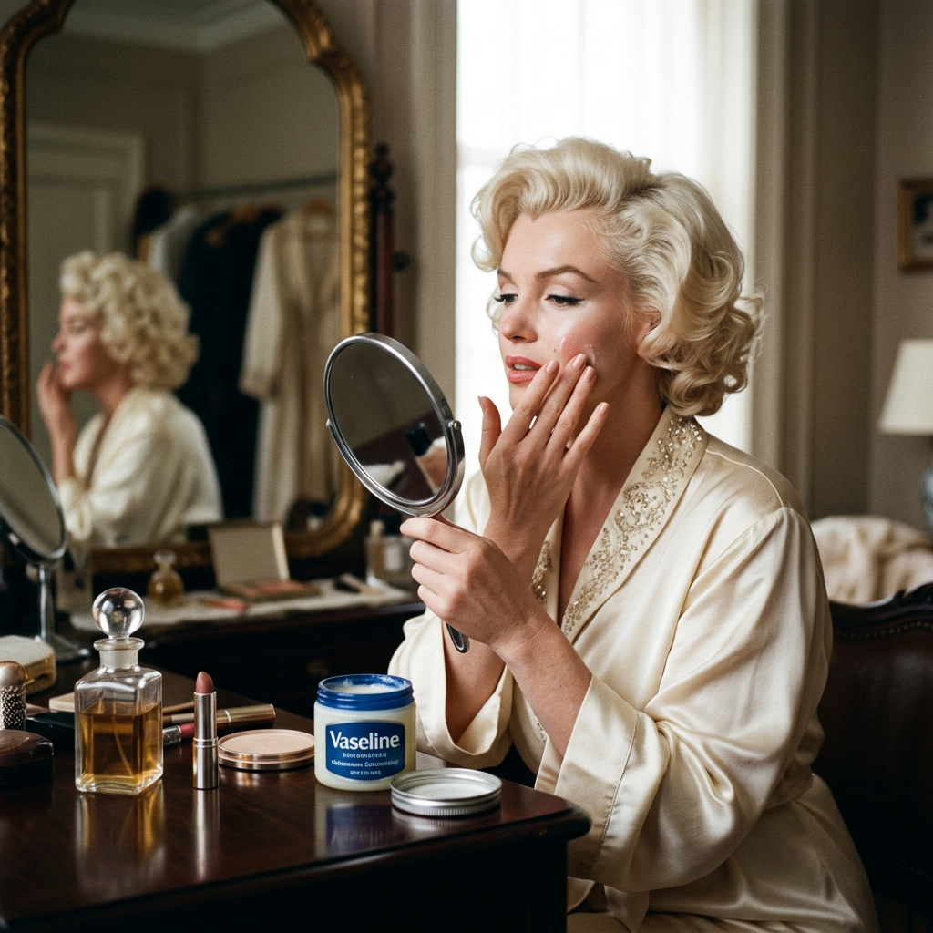 Woman applying skincare while holding a mirror beside Vaseline