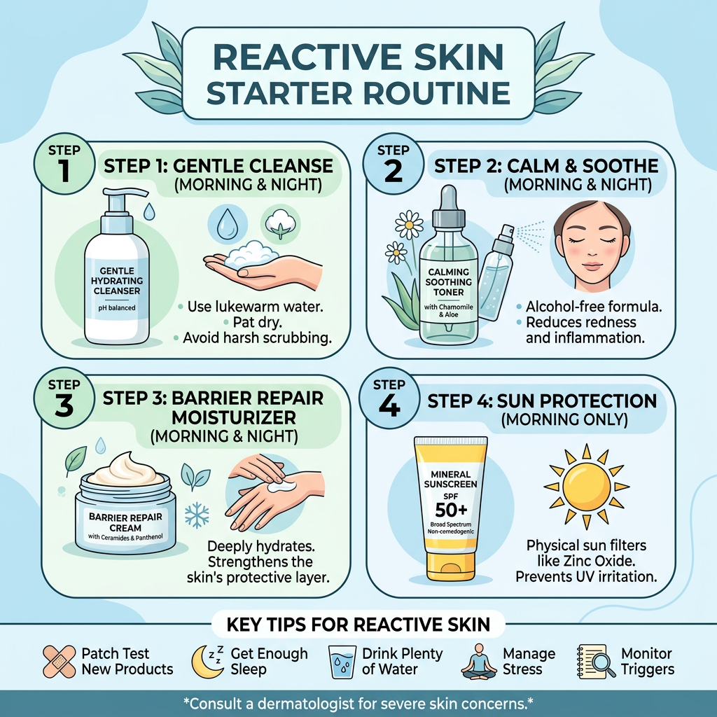 Reactive Skin Starter Routine: Step 1 Gentle Cleanse morning and night—use lukewarm water, pat dry, avoid harsh scrubbing. Step 2 Calm and Soothe morning and night—use alcohol-free toner to reduce redness and inflammation. Step 3 Barrier Repair Moisturizer morning and night—deeply hydrates and strengthens the skin's protective layer. Step 4 Sun Protection morning only—use mineral sunscreen SPF 50+ with zinc oxide to prevent UV irritation. Key tips: patch test new products, get enough sleep, drink plenty of water, manage stress, monitor triggers. Consult a dermatologist for severe skin concerns.