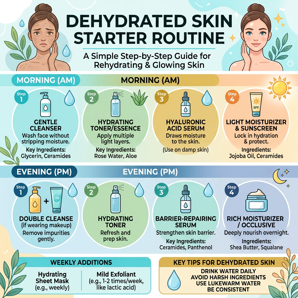 Infographic titled “Dehydrated Skin Starter Routine: A Simple Step-by-Step Guide for Rehydrating & Glowing Skin,” showing morning steps for gentle cleanser, hydrating toner or essence, hyaluronic acid serum, and moisturizer with sunscreen; evening steps for double cleansing, hydrating toner, barrier-repairing serum, and rich moisturizer; weekly sheet mask and mild exfoliant recommendations; tips to drink water, avoid harsh ingredients, use lukewarm water, and stay consistent.
