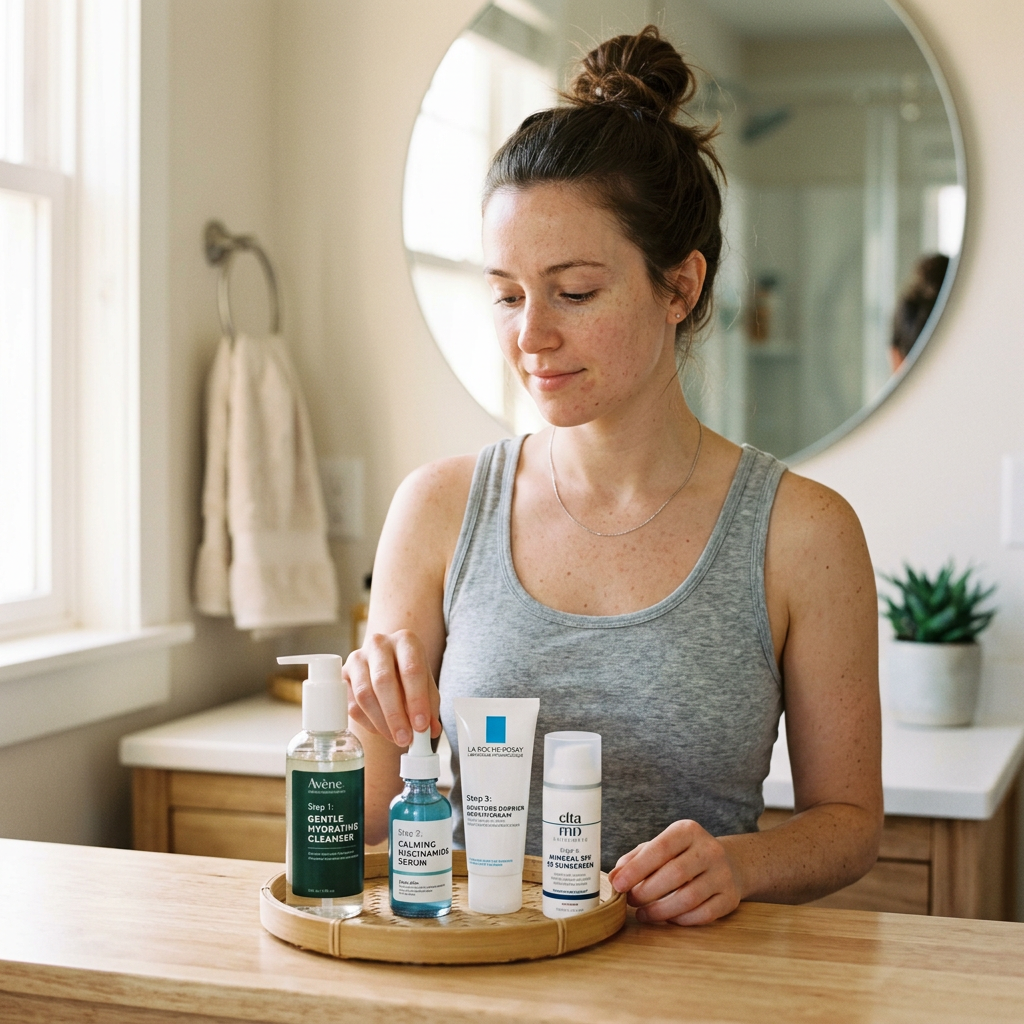 Woman presenting four skincare products on a bathroom counter
