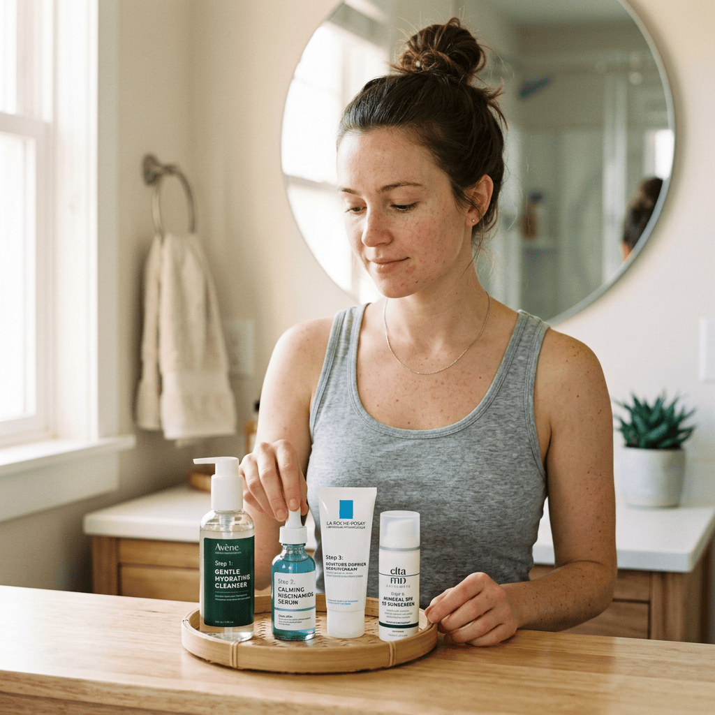 Woman presenting four skincare products on a bathroom counter