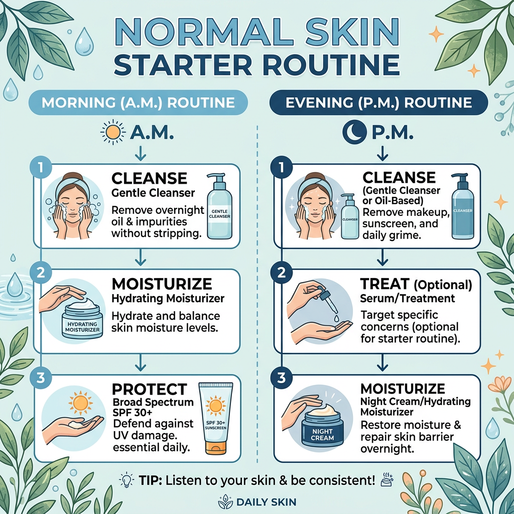Normal skin starter routine infographic with morning and evening skincare steps