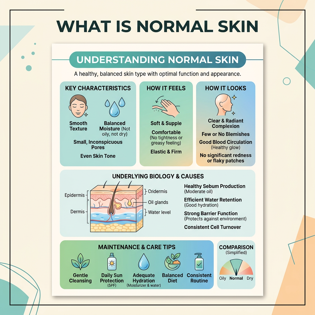 Infographic titled What Is Normal Skin, describing balanced moisture, smooth texture, clear appearance, skin biology, and care tips.