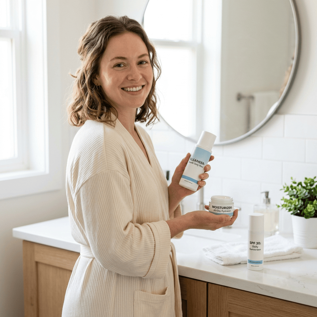 Smiling woman holding cleanser and moisturizer beside sunscreen in bathroom
