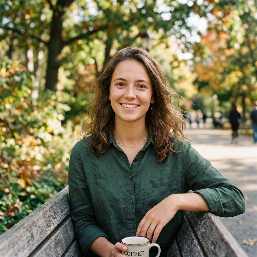 Smiling woman holding a coffee mug on a park bench