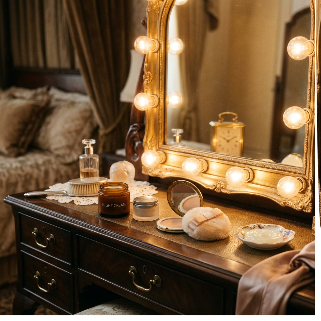 Vintage vanity with skincare, makeup, perfume, and illuminated mirror