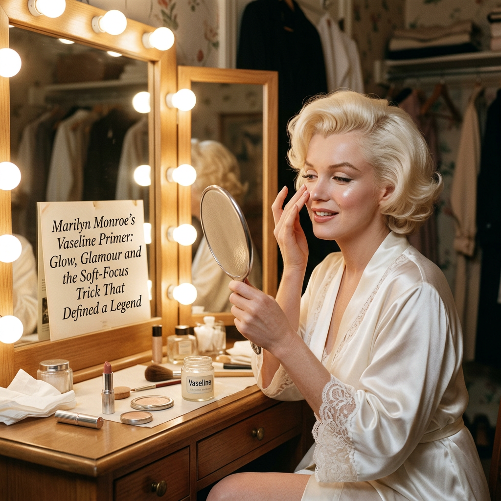 Marilyn Monroe applying makeup beside a lit mirror; sign reads “Marilyn Monroe’s Vaseline Primer: Glow, Glamour and the Soft-Focus Trick That Defined a Legend”; Vaseline jar visible.