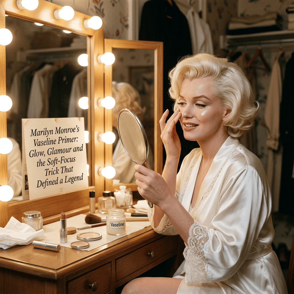 Marilyn Monroe applying makeup beside a lit mirror; sign reads “Marilyn Monroe’s Vaseline Primer: Glow, Glamour and the Soft-Focus Trick That Defined a Legend”; Vaseline jar visible.